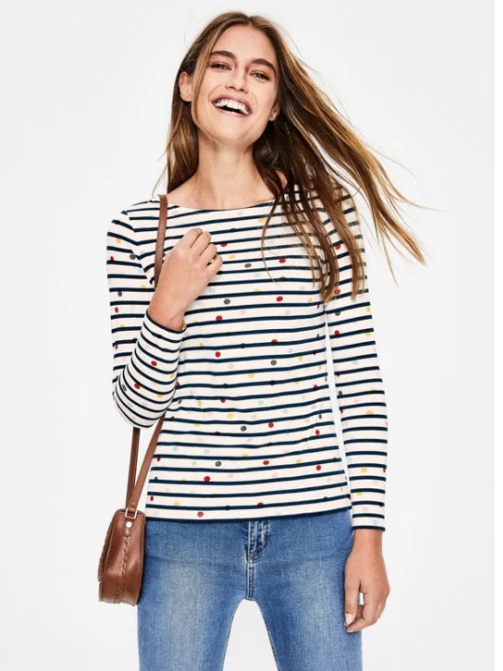 Boden Womens long sleeve Breton tee polka dot shirt size US 10 preppy classic
